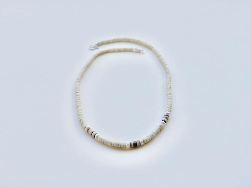 Heishi Shell, Brass and Button Pearl Necklace - Sterling Silver