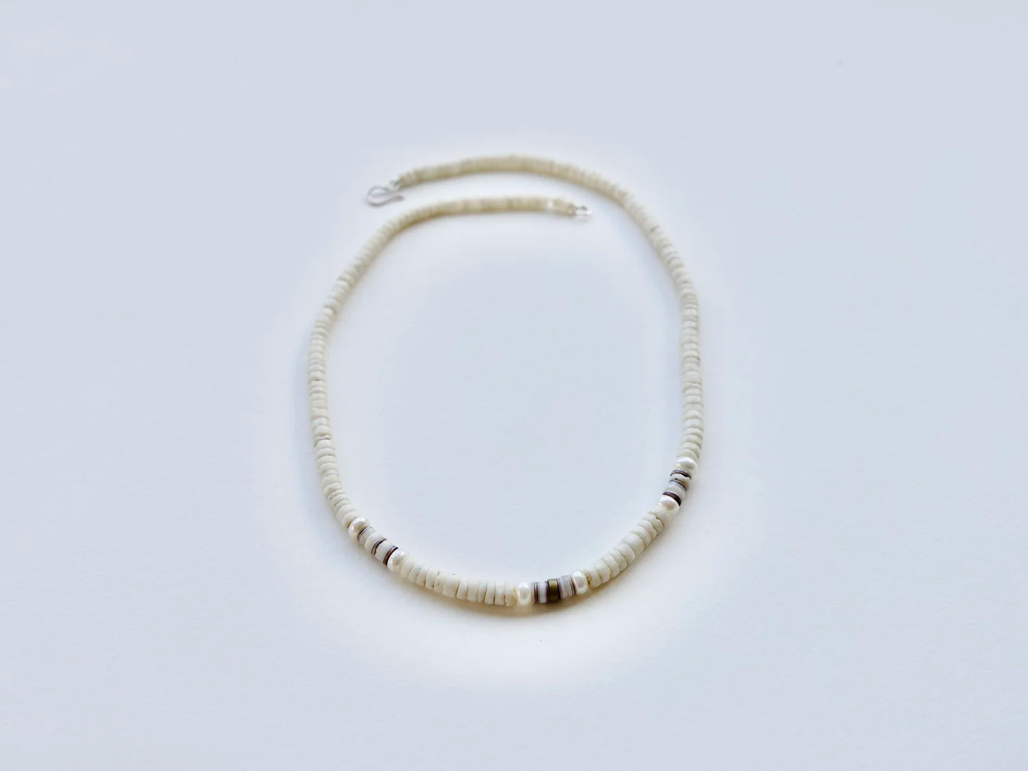 Heishi Shell, Brass and Button Pearl Necklace - Sterling Silver