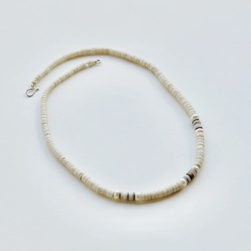 Heishi Shell, Brass and Button Pearl Necklace - Sterling Silver