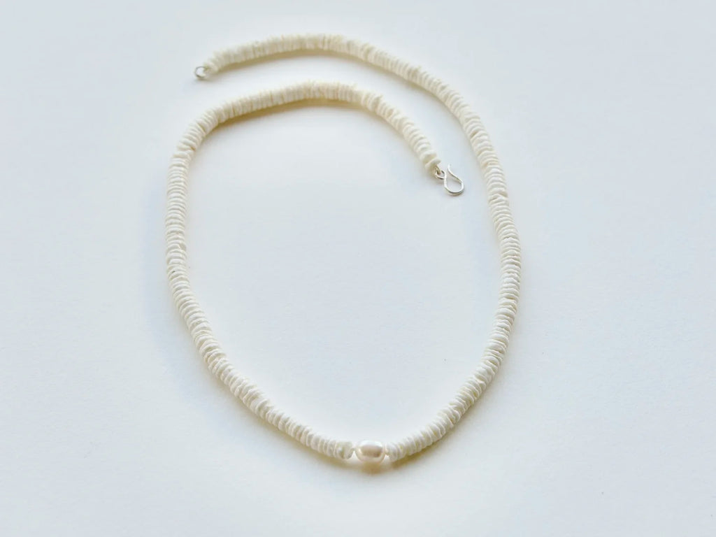 White Heishi Shell & Freshwater Pearl Necklace