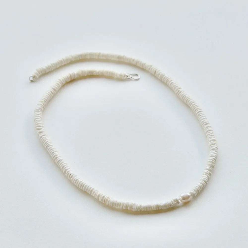 White Heishi Shell & Freshwater Pearl Necklace