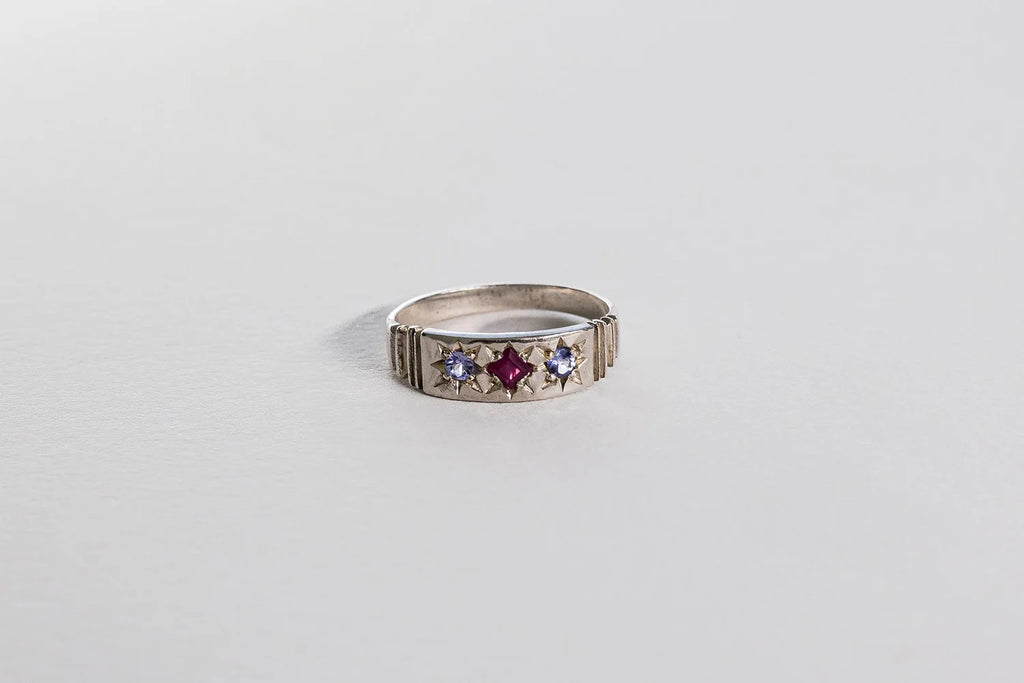 Orions Belt Ring - Sterling Silver, Ruby & Tanzanite