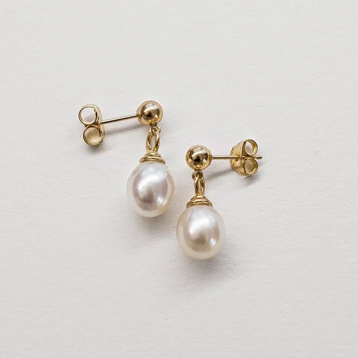 Pearl Drop Stud Earrings - 9ct Gold & Freshwater Pearl
