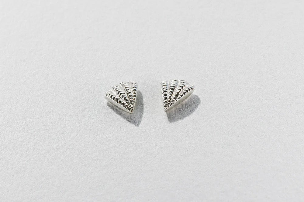 Pair of silver earrings on a light gray background